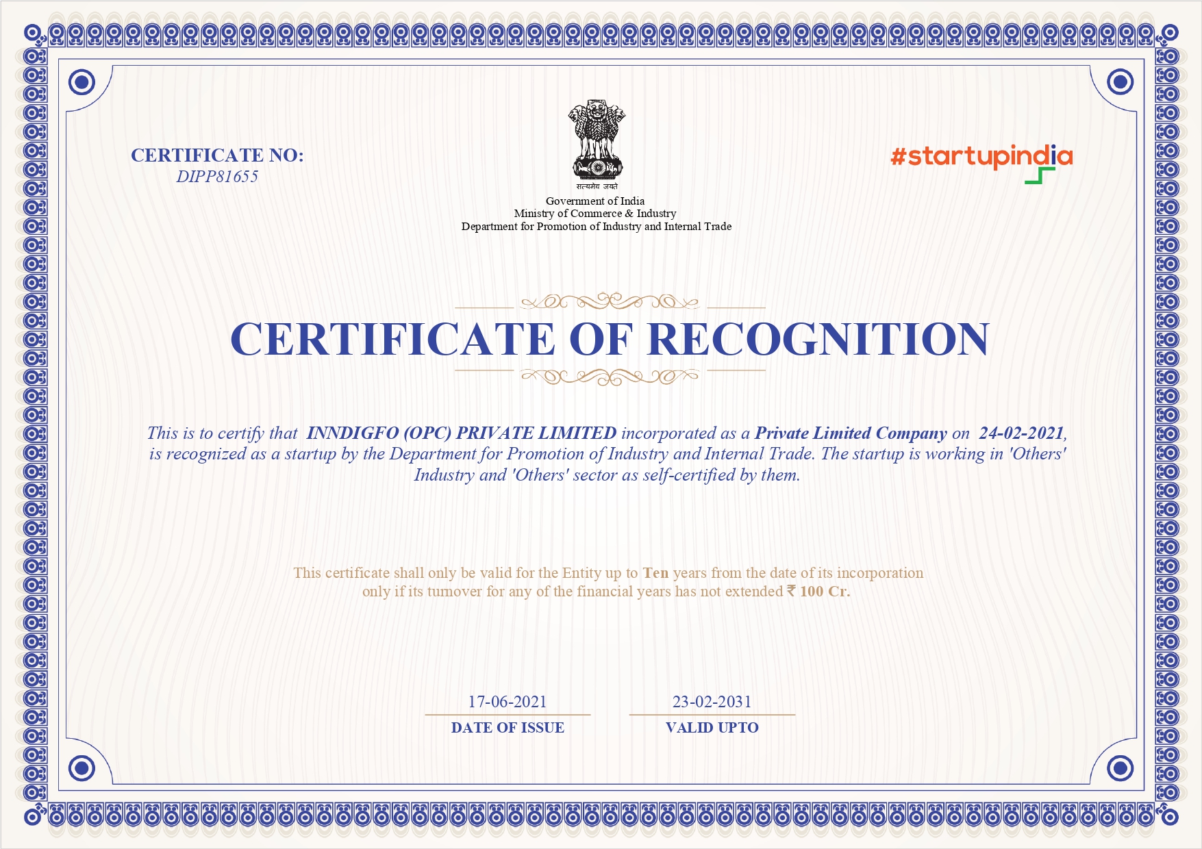 Startup India Registration Certificate